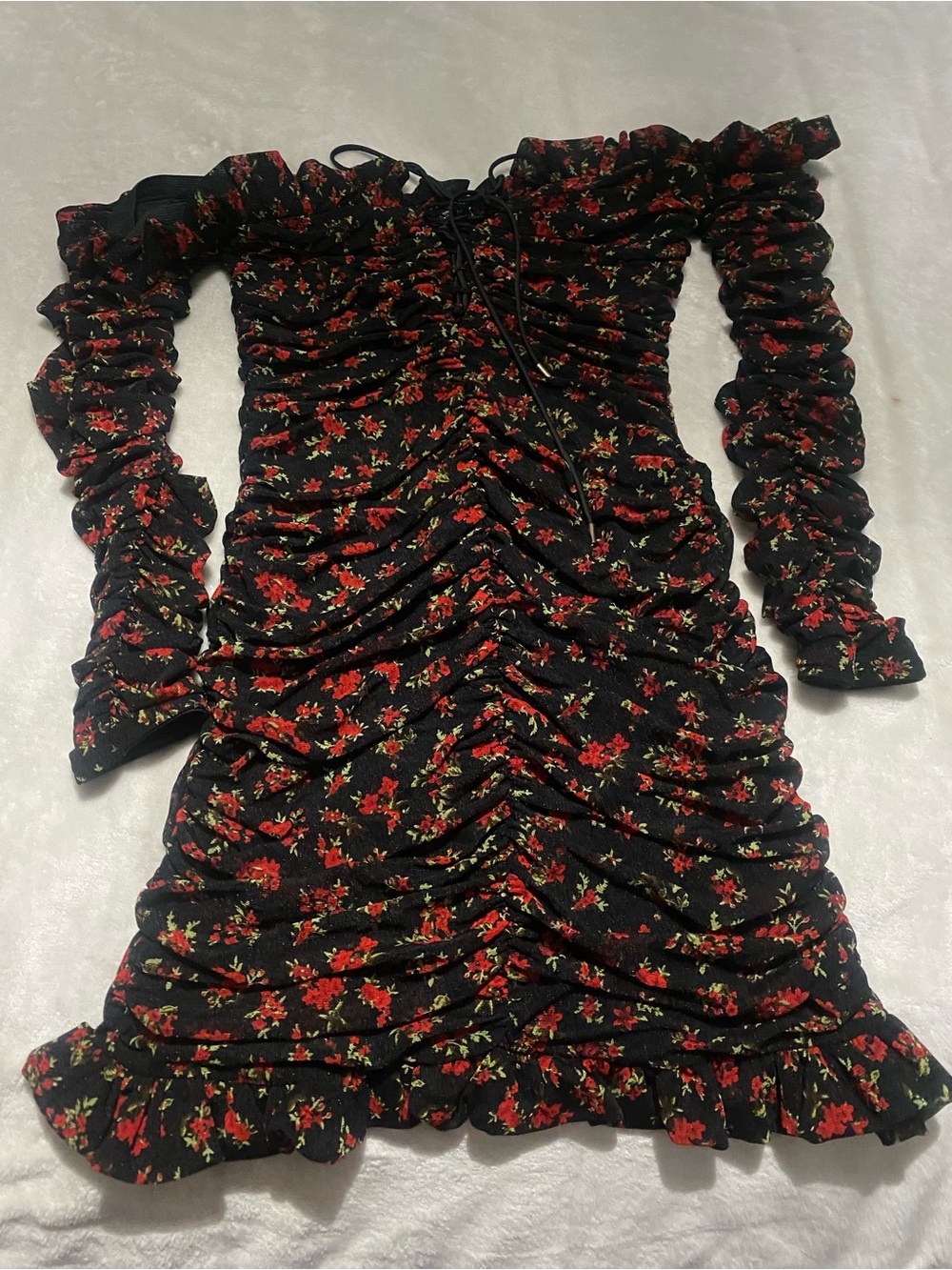 Fashion Nova Black One-Shoulder Floral Ruched Mini Dress